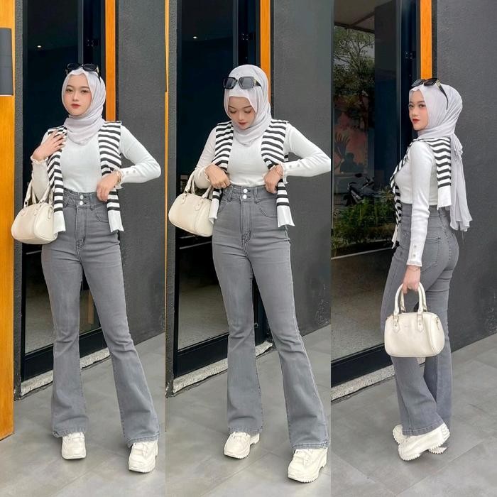 Blumjean- Celana Highwaist Cutbray Kancing 2 (Cky) Jeans Wanita Panjang Cewek Denim Skinny Karet