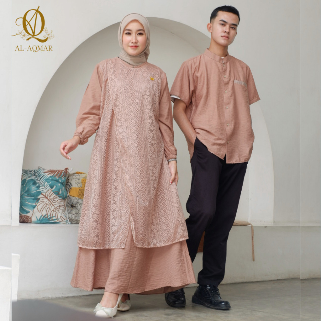 PROMO / Syafira Dress Mix Brukat Tali Pinggang Busui Saku Kanan Bahan Polo Linen - Gamis