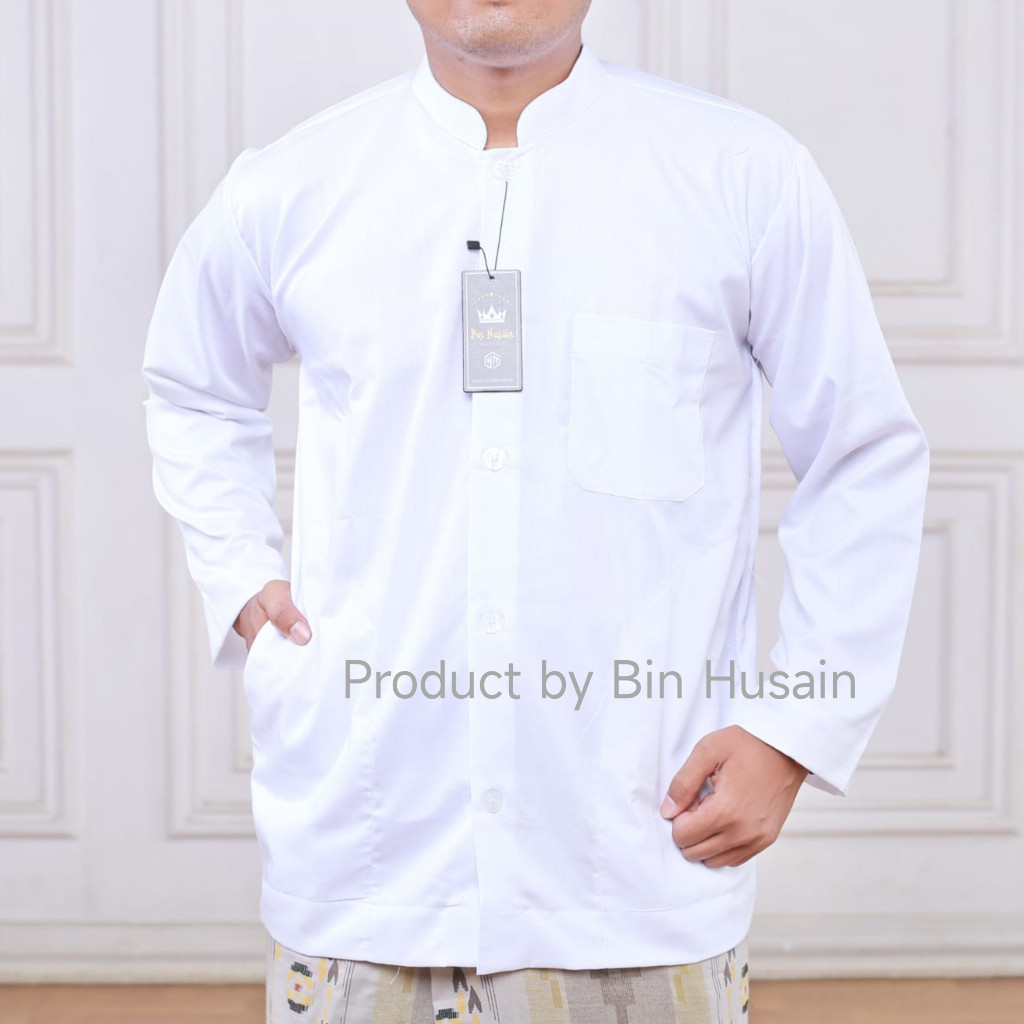 PROMO / Baju Koko Pria Lengan Panjang Putih Dewasa Model Haibah Ammu Saku Samping Polos Katun