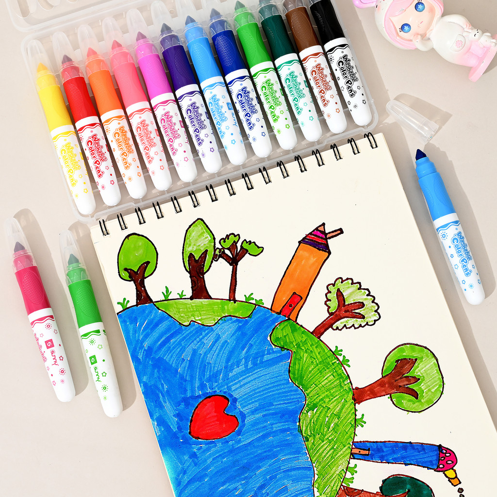 

Washable Marker Coloring Pens Set,12/24 Assorted Colors Drawing Pen Kit Water Color Tapered Nib