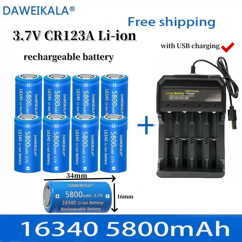 5800mAh rechargeable 3.7V Li-ion 16340 batteries CR123A battery for LED flashlight wall charger, tra