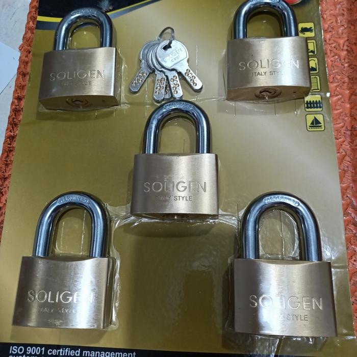 TERLARIS GEMBOK KUNINGAN 50 PENDEK SOLIGEN ISI 5 PCS GEMBOK 50 MM MASTER KEY SO