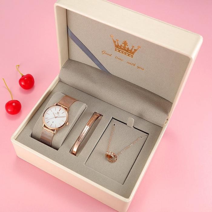 Femmora- Olevs Jam Tangan Wanita Set Kalung Gelang Original Asli Untuk Tahan Air Rose Gold Lady