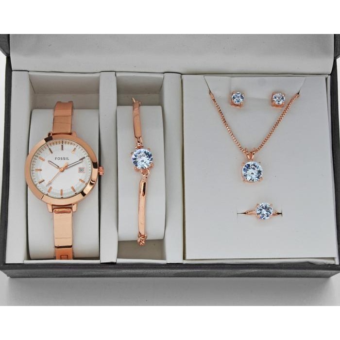 Femmora- Jam Tangan Wanita Fossil Paket Plus Gelang Cincing Anting Kalung