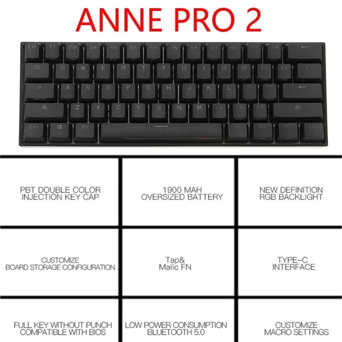 Anne Pro 2 60% Layout Bluetooth Mechanical Keyboard Hot-swappable RGB