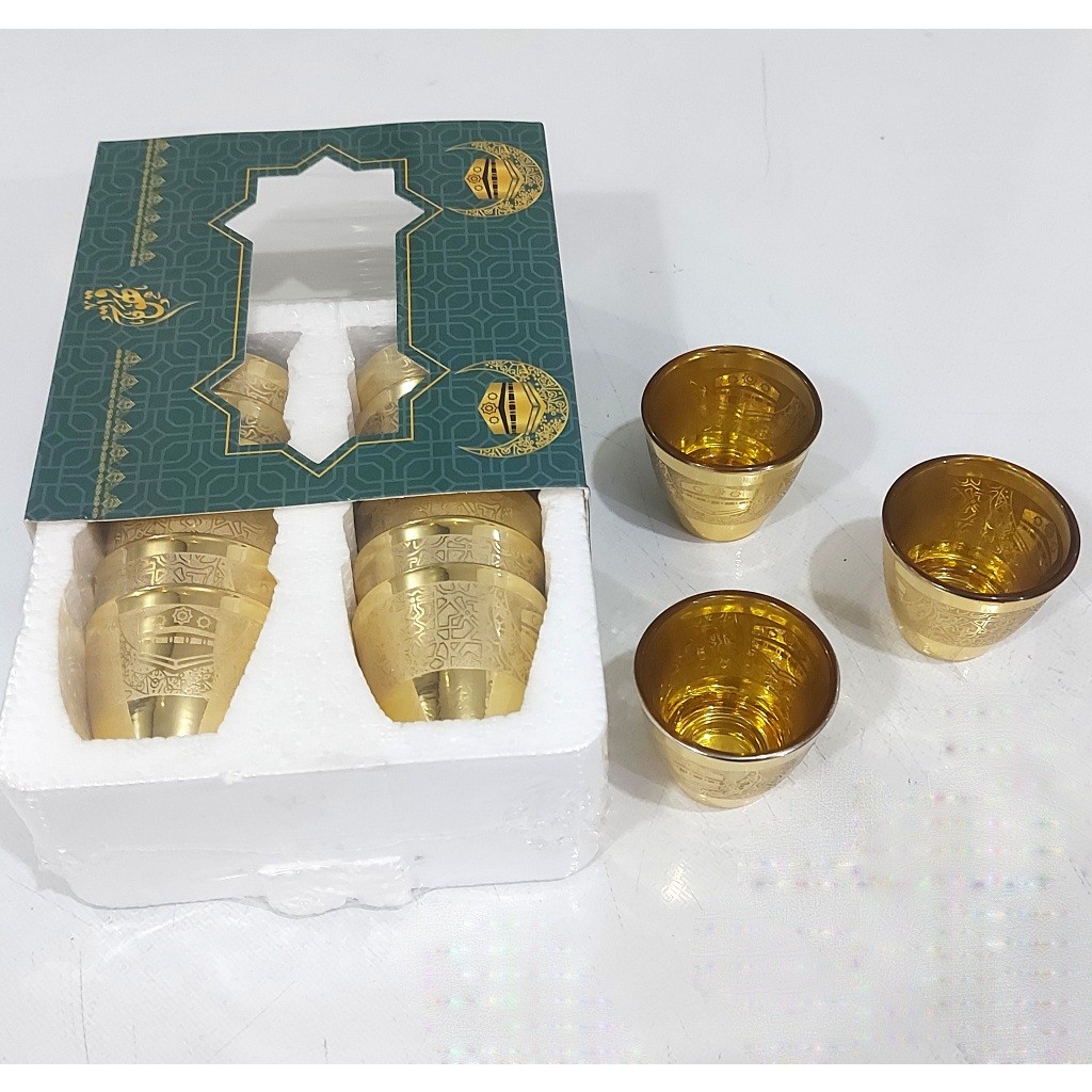 

GELAS CUCING 1LUSIN MOTIF KABAH WARNA EMAS ISI 12 PCS GELAS MINI AIR ZAM ZAM