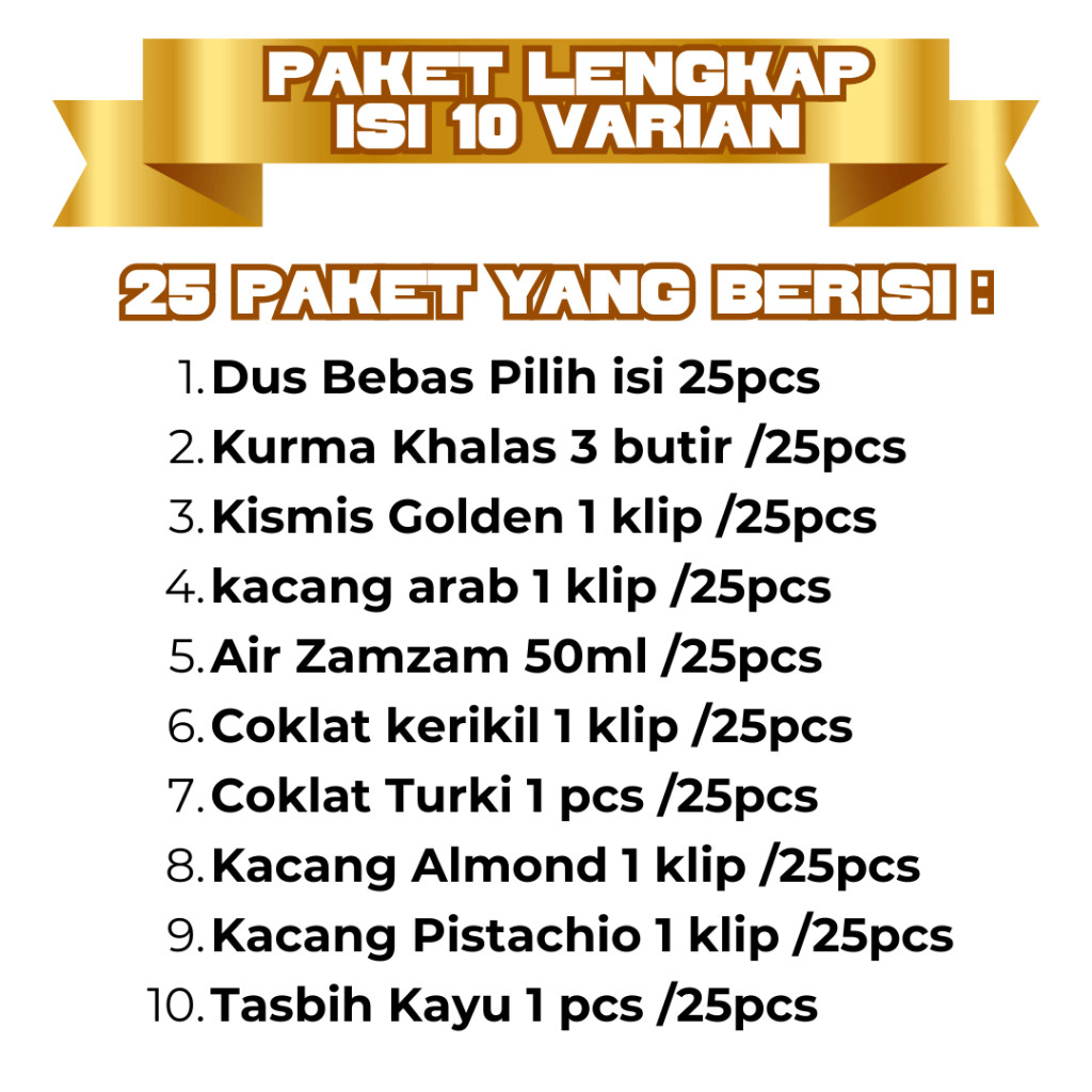 

PAKET OLEH OLEH HAJI DAN UMROH EKONOMIS DUS TALI JINJING KABAH 25 PAKET GIFT HAMPERS LENGKAP