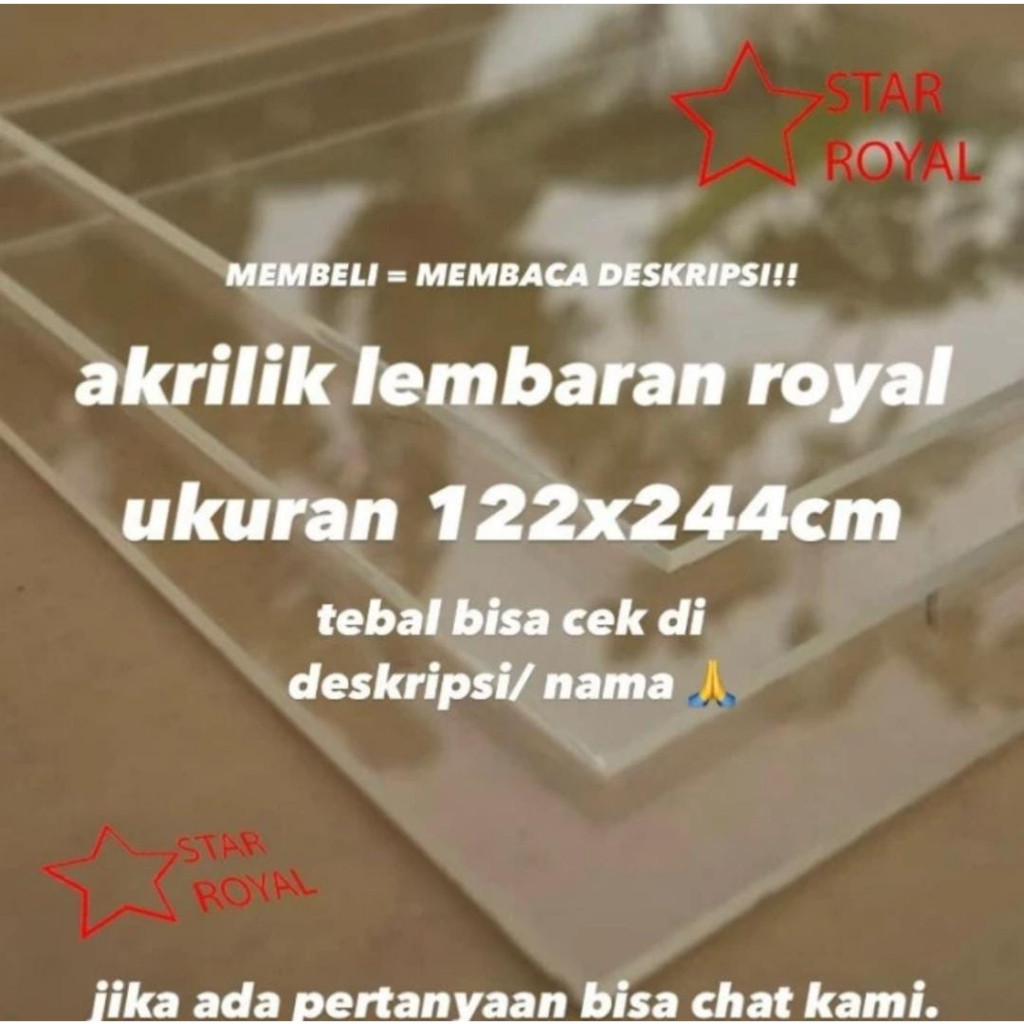 

JH8 AKRILIK LEMBARAN BENING MERK STAR ROYAL 1,5mm ( Uk 122 x 244 cm )