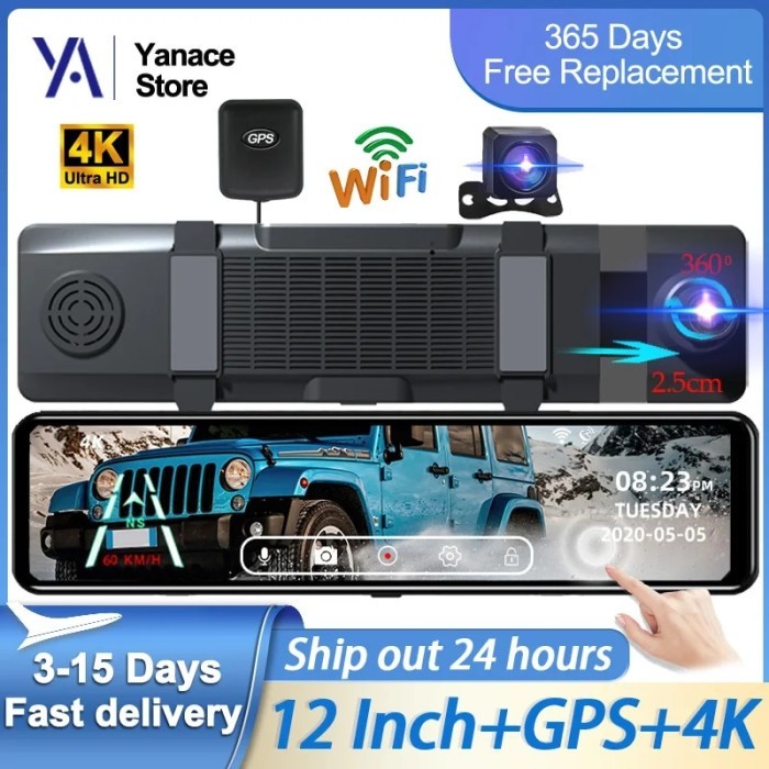 Yanace Car Dvr 4k gps wifi 12 Inch Dash Cam Front and Rear Camera