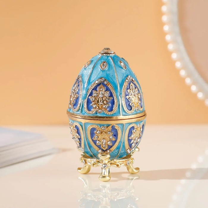 Blue Vintage Faberge Style Egg Trinket Box - Unique Hand Painted