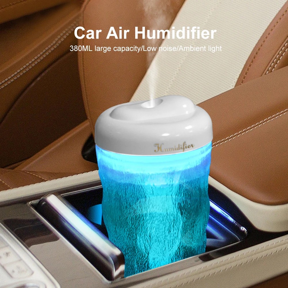 380ML Car Humidifier Air Purifier Low Noise Air Humidifier with Atmosphere Light USB Power Aroma Dif