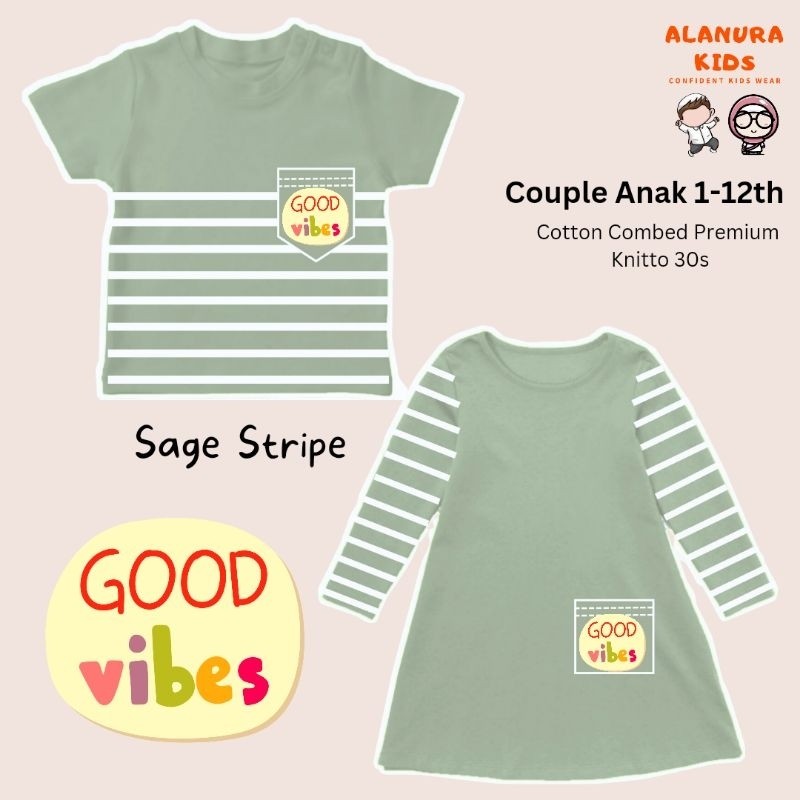 Couple Kaos Tunik Sage Green Stripe Anak Kakak Adik Laki Perempuan Alanura Kids