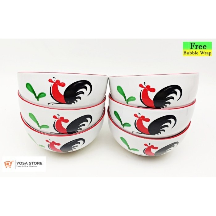 [Expert] [Paket 6Pcs] Mangkok Keramik Motif Ayam Jago Siera Tebal Size 4 inchi