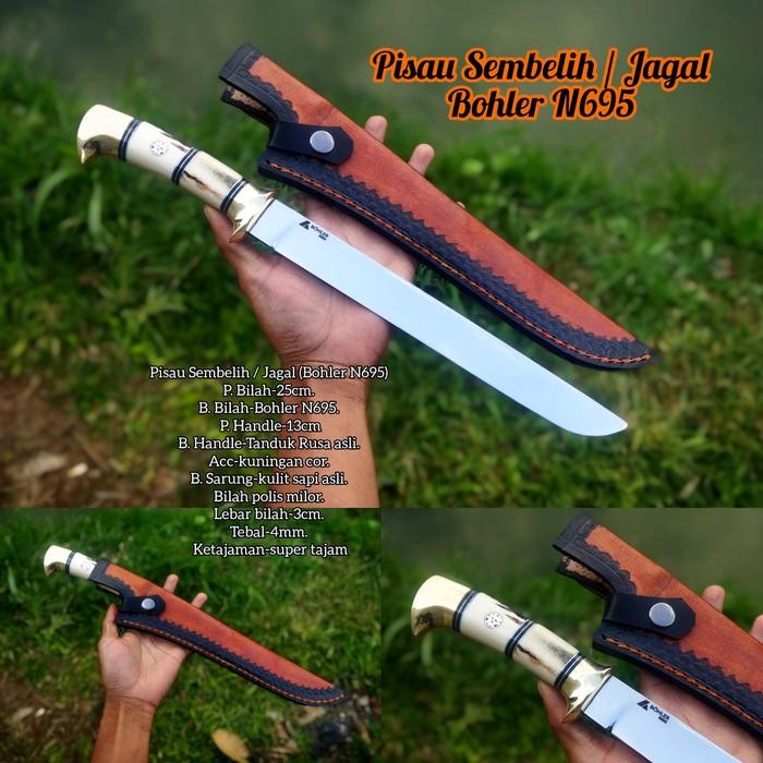 PREMIUM PISAU SEMBELIH JAGAL BOHLER N695 TANDUK RUSA SARUNG KULIT SAPI