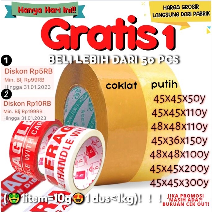 

LAKBAN 36MM/45MM/48MM BENING COKLAT 50/100/110/200/300 YARD 2 inch FRAGILE 4in1/ POLYMAILER PLASTIK