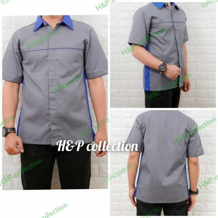 KEMEJA SERAGAM KERJA ABU POLOS COMBI BIRU.