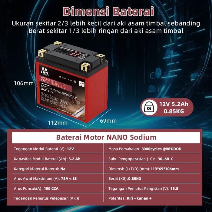 NANO BATTERY Aki Mobil Sodium Ion Aki Mobil Sodium Ion NA-1280S(70) 12V 80 AH Aki Kering Garansi