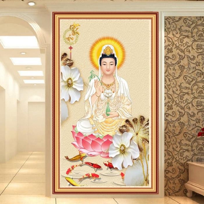 Terlaris DIY Diamond Painting Full Guan Yin Kwan yim teratai ikan 40x70CM D204k