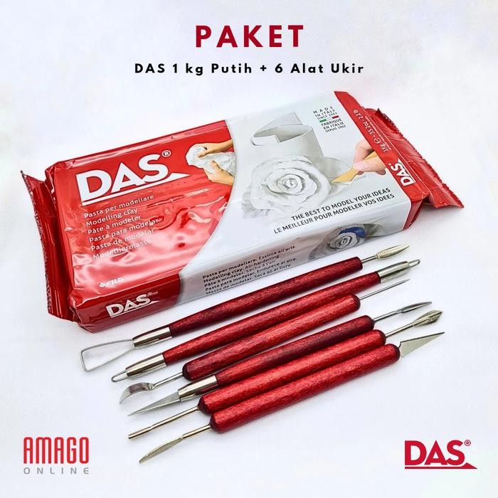 

Paket Murah - 1 DAS Modelling Clay Tanah Liat 1 kg Putih + 1 set Alat Ukir Clay Gagang Kayu isi 6