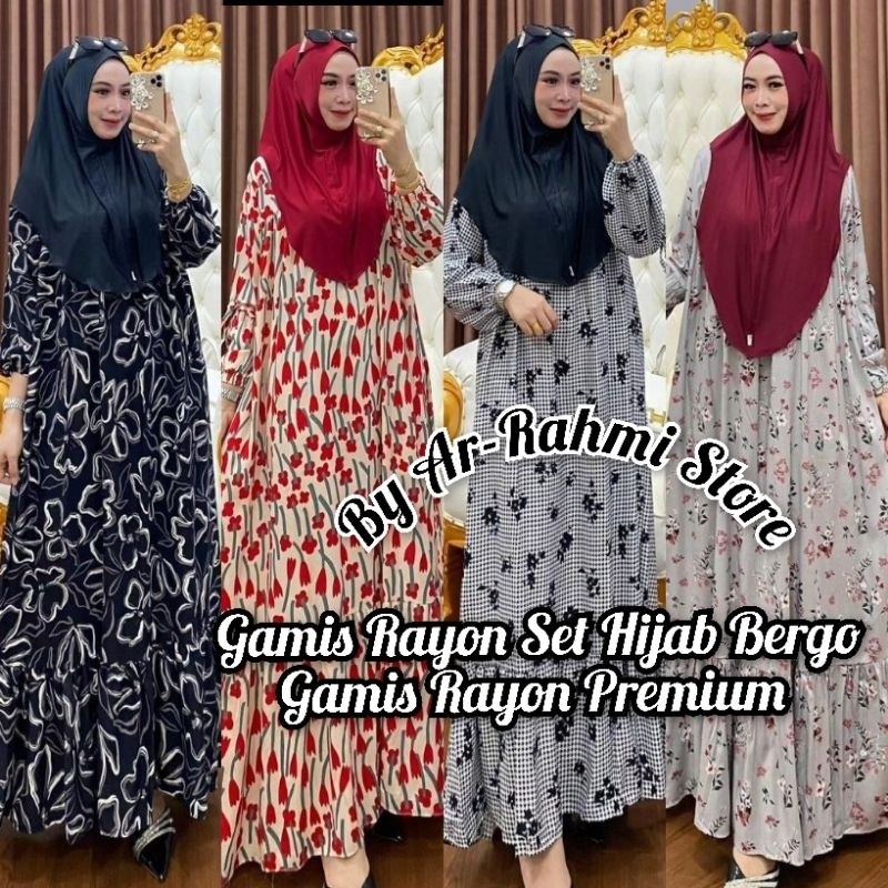 Gamis Rayon Set Hijab Bergo/Gamis Terbaru Lebaran 2025/Gamis Bahan Rayon Jumbo/Gamis Rayon
