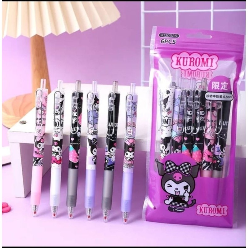 

6 Pcs Pulpen Gel Cetek 0.5mm Sanrio Kuromi Melody Cinamonroll