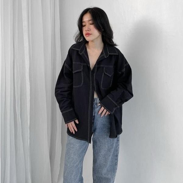 Aloha 2103 - Keyla Linen List Overshirt Kemeja Linen Oversize Wanita Atasan Basic Casual Cargo Denim