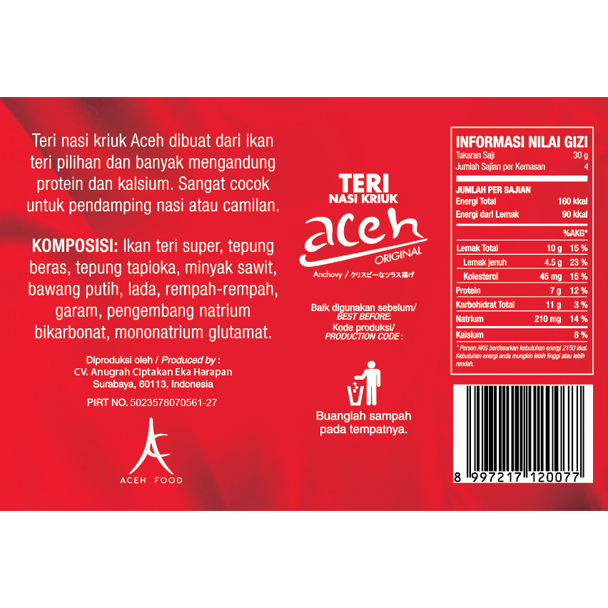 

Snack Cemilan Halal PIRT Teri Aceh Nasi Kriuk Crispy Kemasan Kaleng Original 120gr - Aceh Food