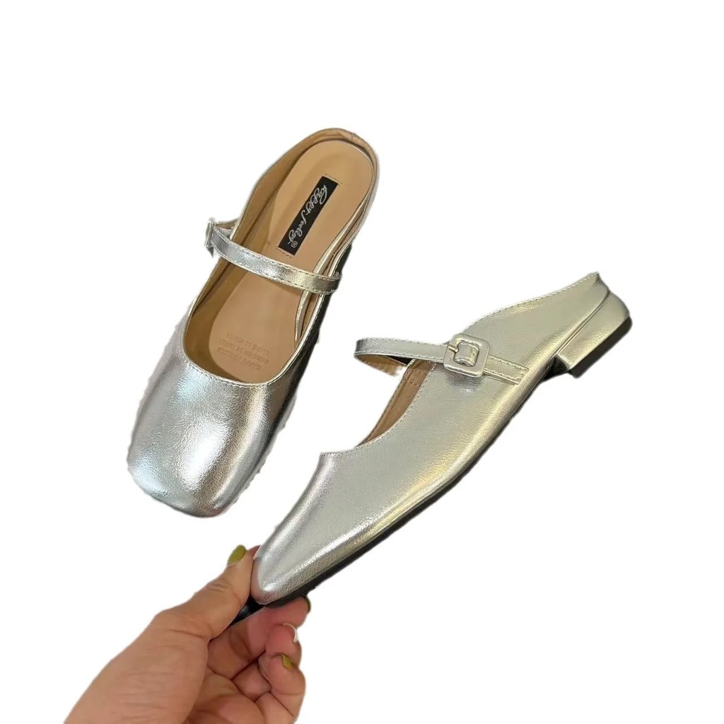 Silver Ballet Flat Sandals Women'S Slip-On Mary Jane Covered Toe Half Slip Summer Shoes Korean Style