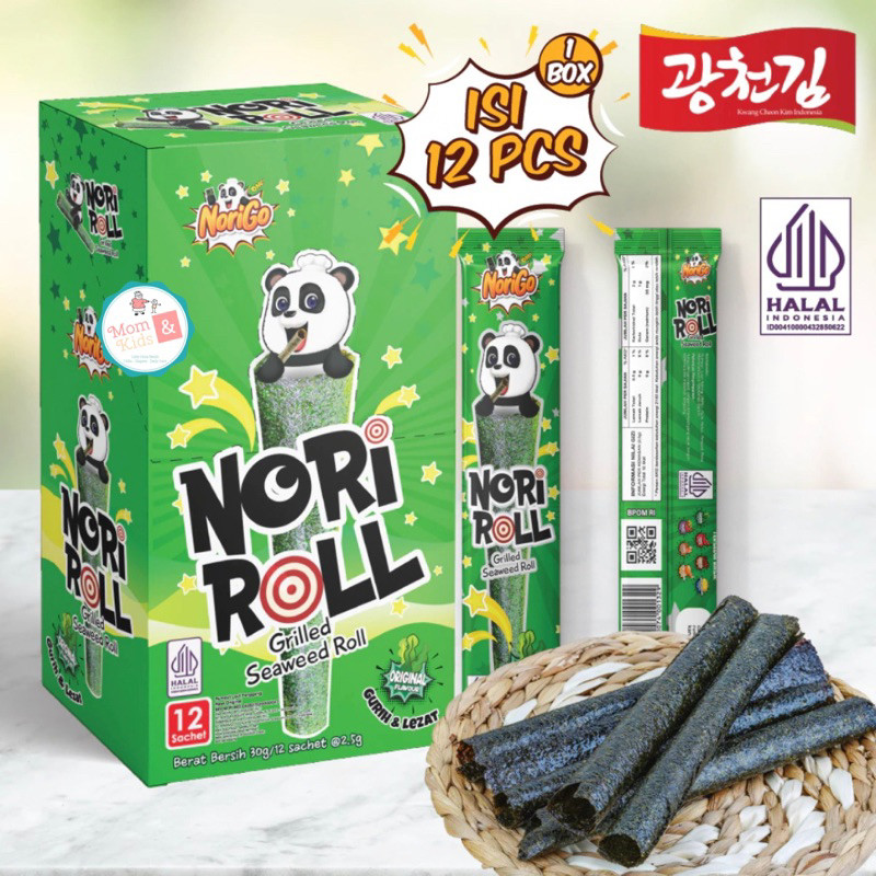 

NORIGO NORI ROLL GRILLED SEAWEED ROLL ( 1 BOX 12 PCS) RUMPUT LAUT PANGGANG SNACK CEMILAN BAYI ANAK