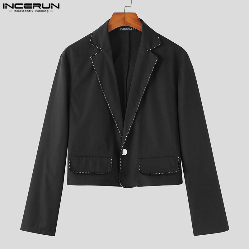 Incerun 2023 Men'S Blazer Patchwork Long Sleeve Lapel One Button Fashion Cropped Coats Suits Men