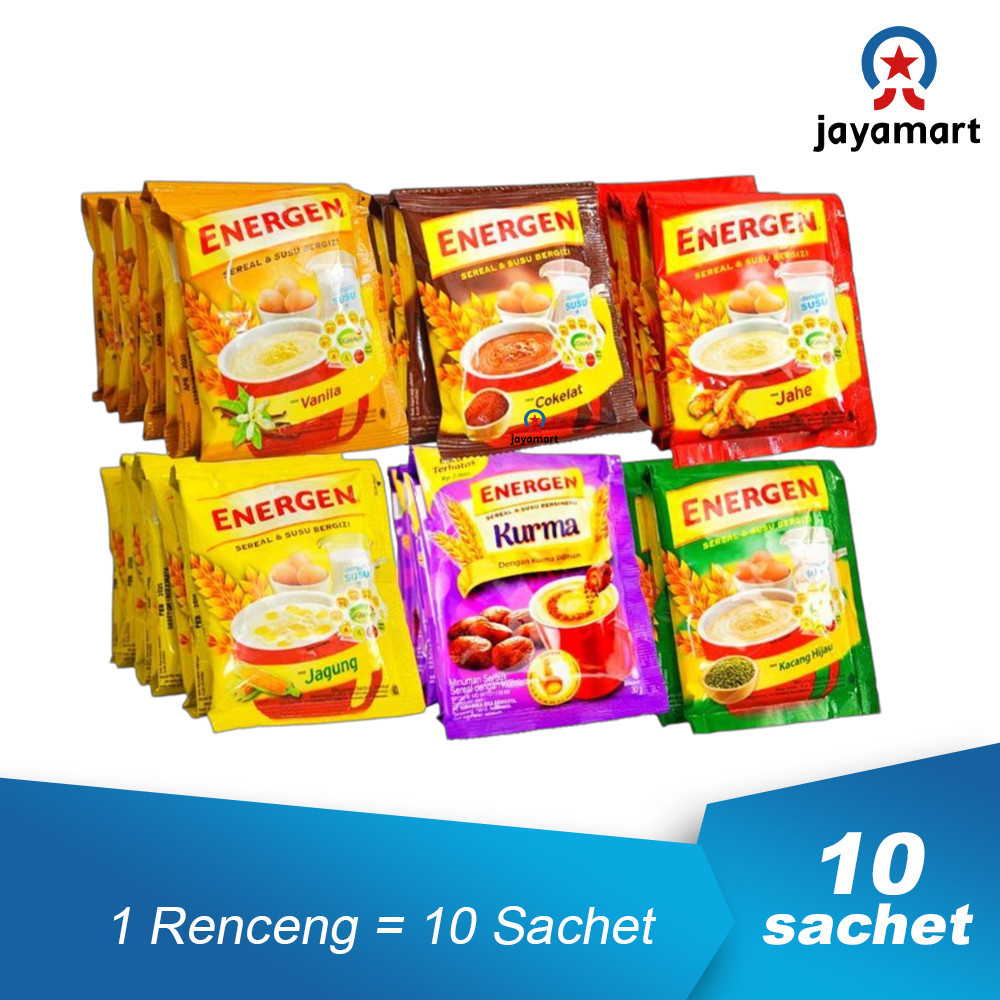 

Sega Tungtung Energen Cokelat Kacang Hijau Vanila Jahe Kurma Sereal Renceng 10