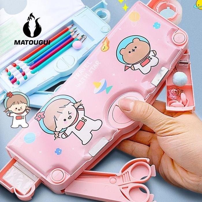 

Matougui - Kotak Alat Tulis/Kotak Pensil Pola Kartun Rautan Kapasitas/Tempat Pensil Dua Lapis Bahan