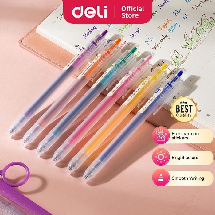 

Ready JT Deli School Gel Pen / Pulpen Gel 0.5 mm 6 Warna Retracable Gratis Sticker Lucu EG118-6C