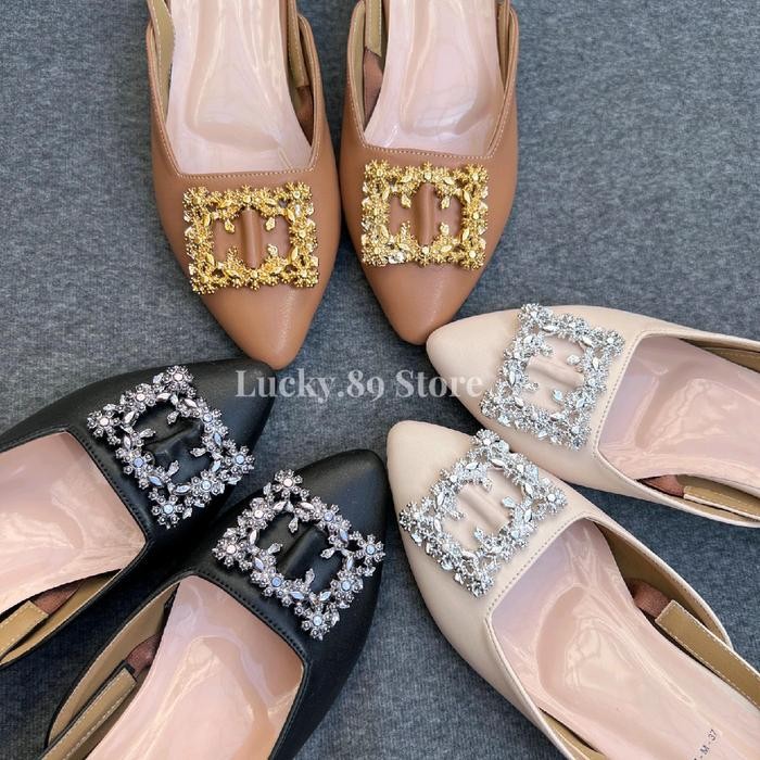 BEST SELLER FLADEO Sandal Wanita Tali Belakang Variasi Bunga Emas Hak 3cm HL Shoes Pesta
