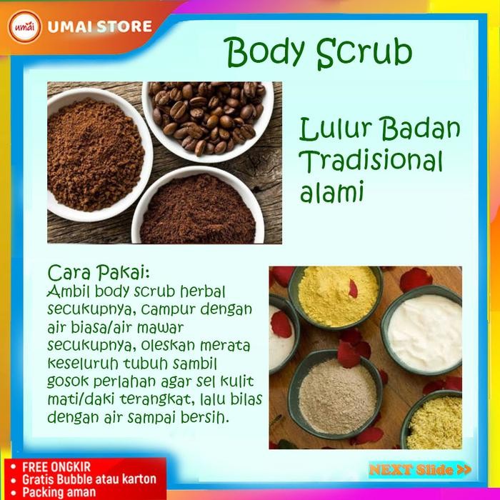 

Terlaris Body Scrub Lulur Bubuk Kunyit Organik Badan Mandi Rempah Spa Luluran