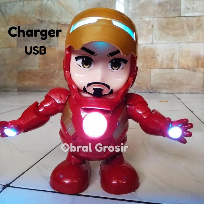 Robot Dance Hero Ironman Usb Charger Lampu Musik Joget Buka Topeng