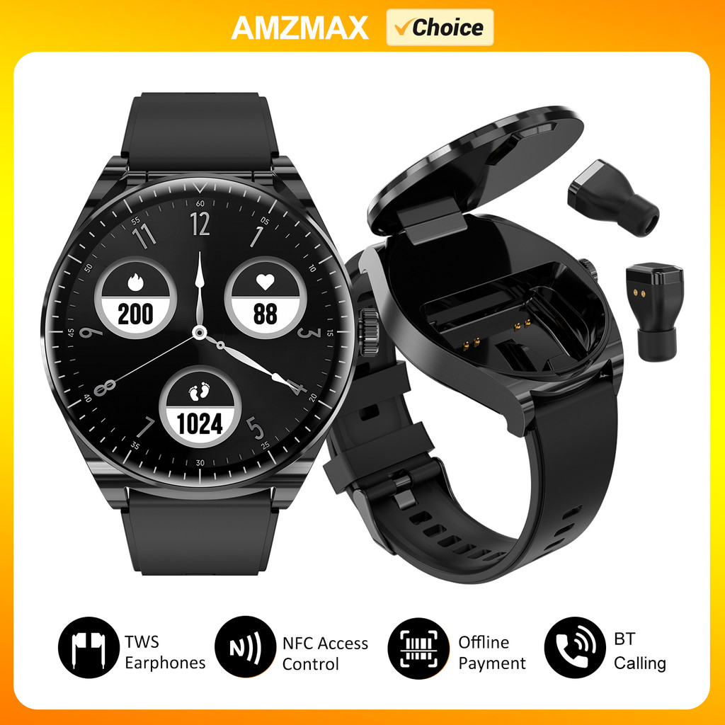 AMZMAX NFC TWS Earphone Smart Watch Bluetooth Call 2 In 1 Wireless Headset Heart Rate Blood Pressure