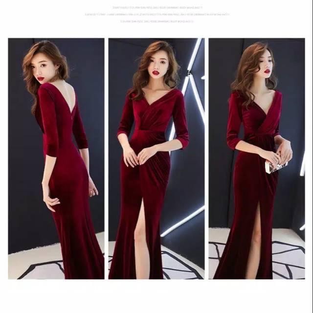 JTTOP" TRIXIE-LONGDRESS VELVET GAUN PESTA BLUDRU A-LINE VNECK BACKLESS GAUN WANITA KONDANGAN PANJANG