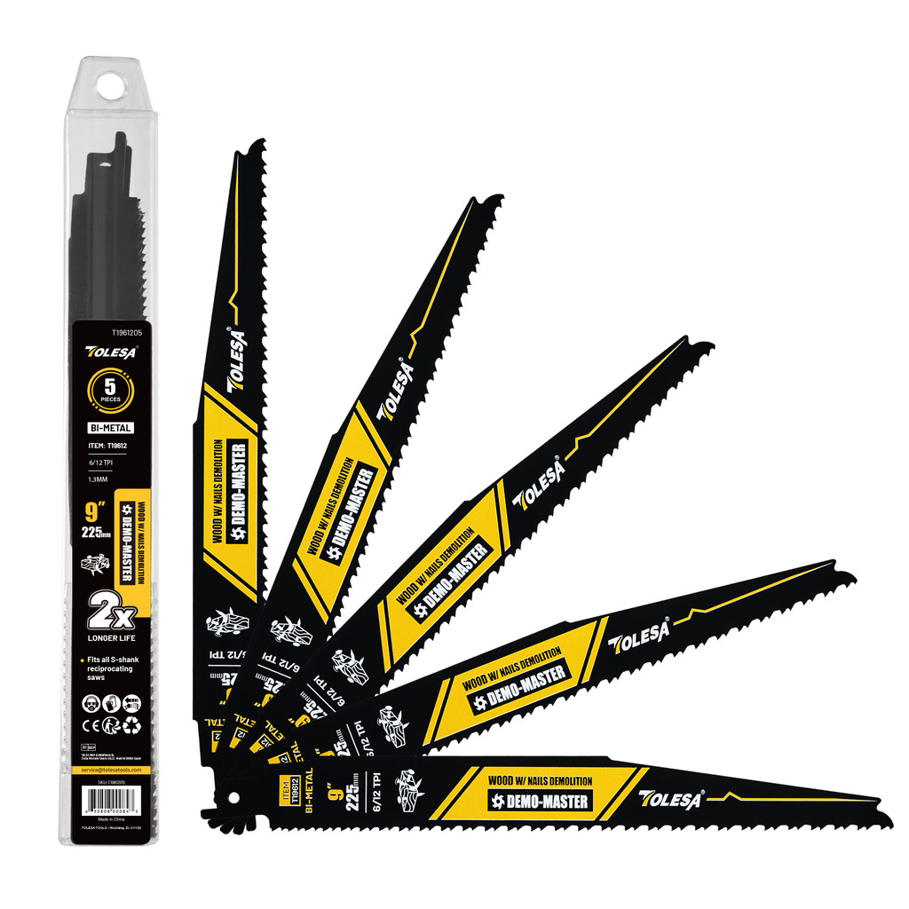 TOLESA 9 Inch Reciprocating Saw Blades, 5pcs Bi-Metal Reciprocating Saw Blade, for Wood and Nail Dem
