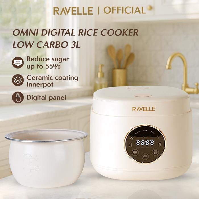 Ravelle Rice Cooker Digital Low Carbo 1.2 Liter Nasi (3 Liter) -Penanak Nasi - Low Watt Gratisongkir