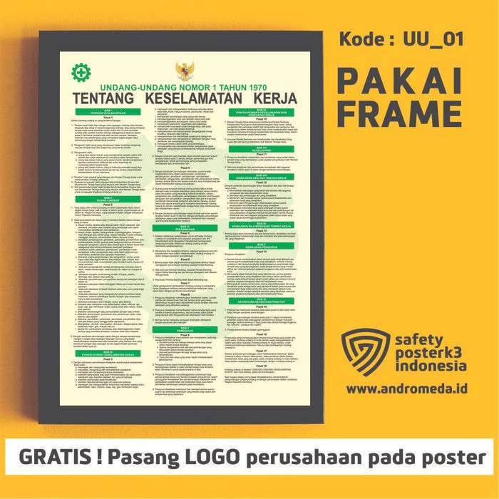 Stok Baru Safety Poster K3 Keselamatan Kerja UU no.3 + pigura