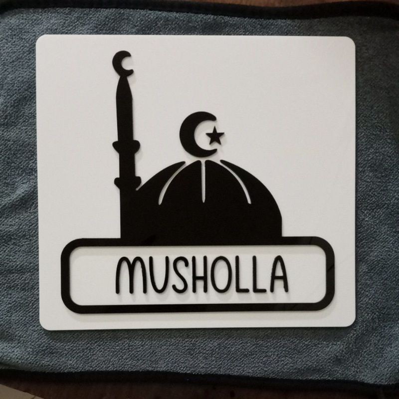 Musholla Sign Akrilik 3D Timbul Hitam Putih