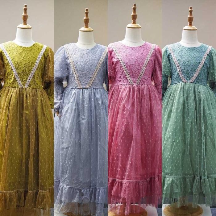 BEST SELLER Gamis Brokat Kombinasi Tile Polkadot Lembut Anak Mewah Syakila Dari Usia 3-10 Tahun Gaun