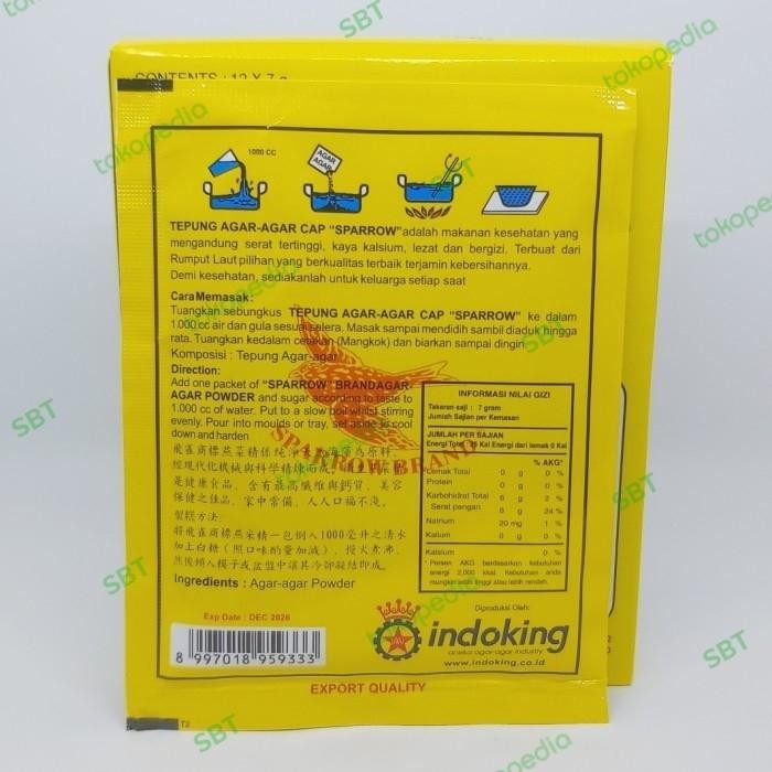 

JTTOP" TEPUNG AGAR AGAR SPARROW BRAND 1 KTK.12X7G