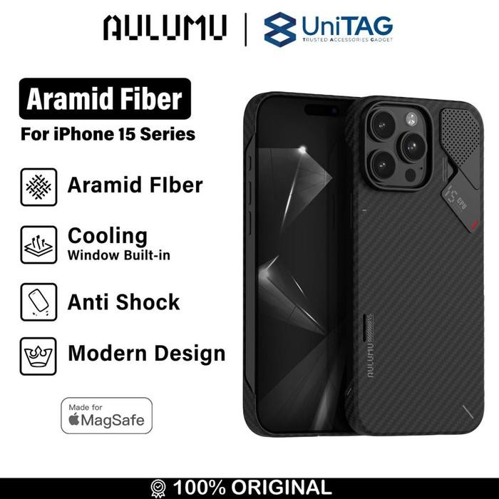 Case iPhone 15 Pro Max Aulumu Aramid Fiber Carbon MagSafe Cooling Pad Anti Shock Crack Hardcase
