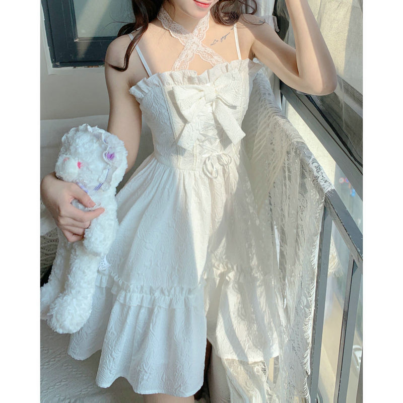 2023 Summer White Lolita Mini Dress Women Kawaii Clothes Vintage Fairy Strap Dress Female Casual