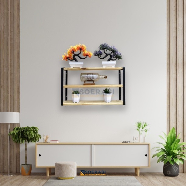 STRABA Rak Dinding Tempel Gantung Ambalan Susun Tingkat 2 Ruang Tamu Keluarga Besi dan Kayu