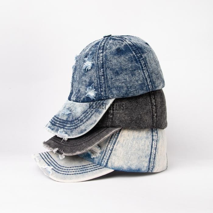 SALE PLANET JEANS - TOPI BASEBALL DENIM RIPPED PRIA WANITA UNISEX AKSEN ROBEK ACID WASHED SERIES