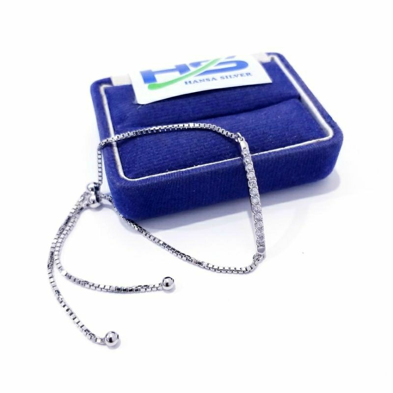 Gelang Perak Asli Silver 925 Lapis Emas Putih Model Serut Italy Permata Panjang - Gelang Perak