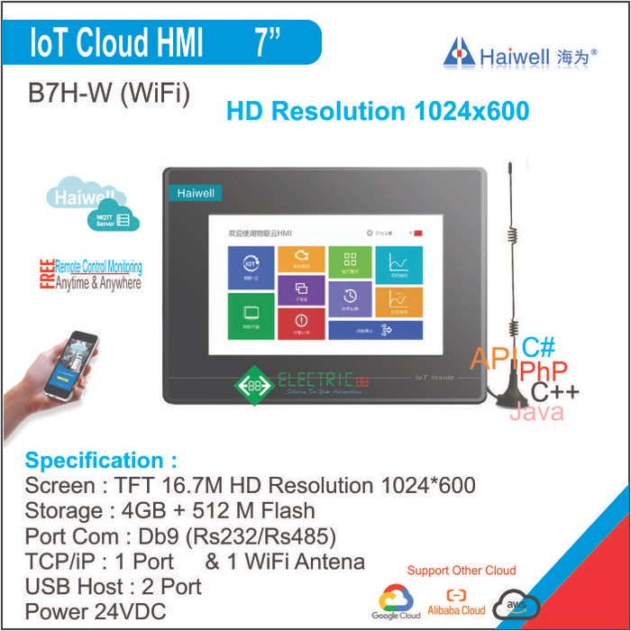 B7H-W HAIWELL, IOT CLOUD HMI 7 INCH + WIFI HD RESOLUTION 1024X600